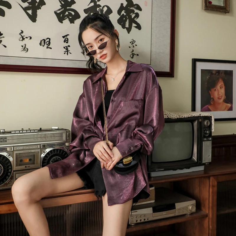 2019 женская фиолетовая шифоновая блуза в стиле ретро с длинными рукавами Длинная