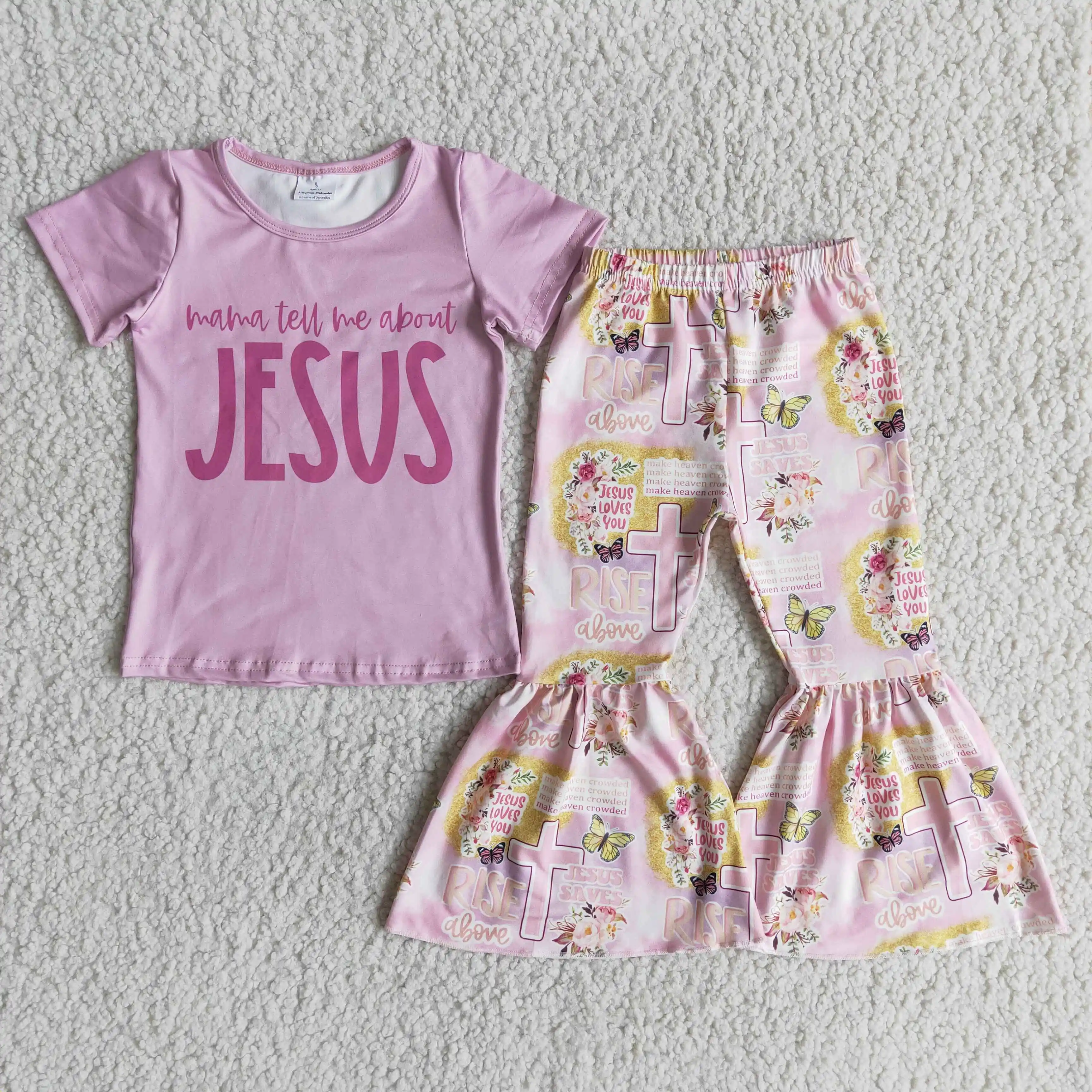 

2pcs baby girl outfit short sleeve letter top bell bottom pant outfit fall Cross pattern wholesale outfits children clothes set