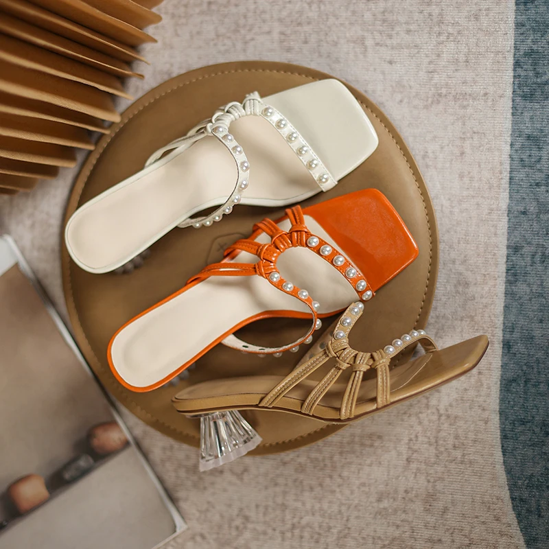 

Women Slippers Korean Plus Size 22-25cm Microfiber Loops+Pearl Decoration Woven with Hollow Summer Shoes Women Sandals