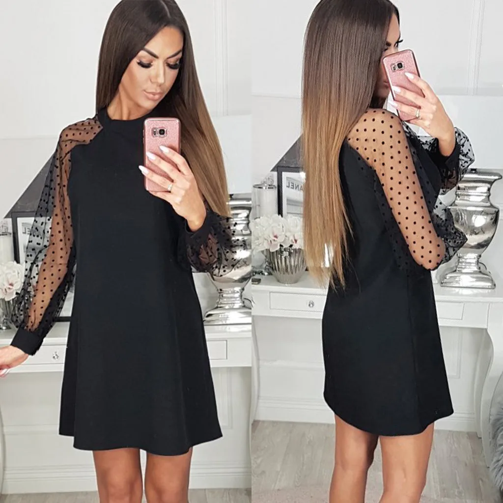 Женское модное Сетчатое платье с длинным рукавом и круглым вырезом лоскутное