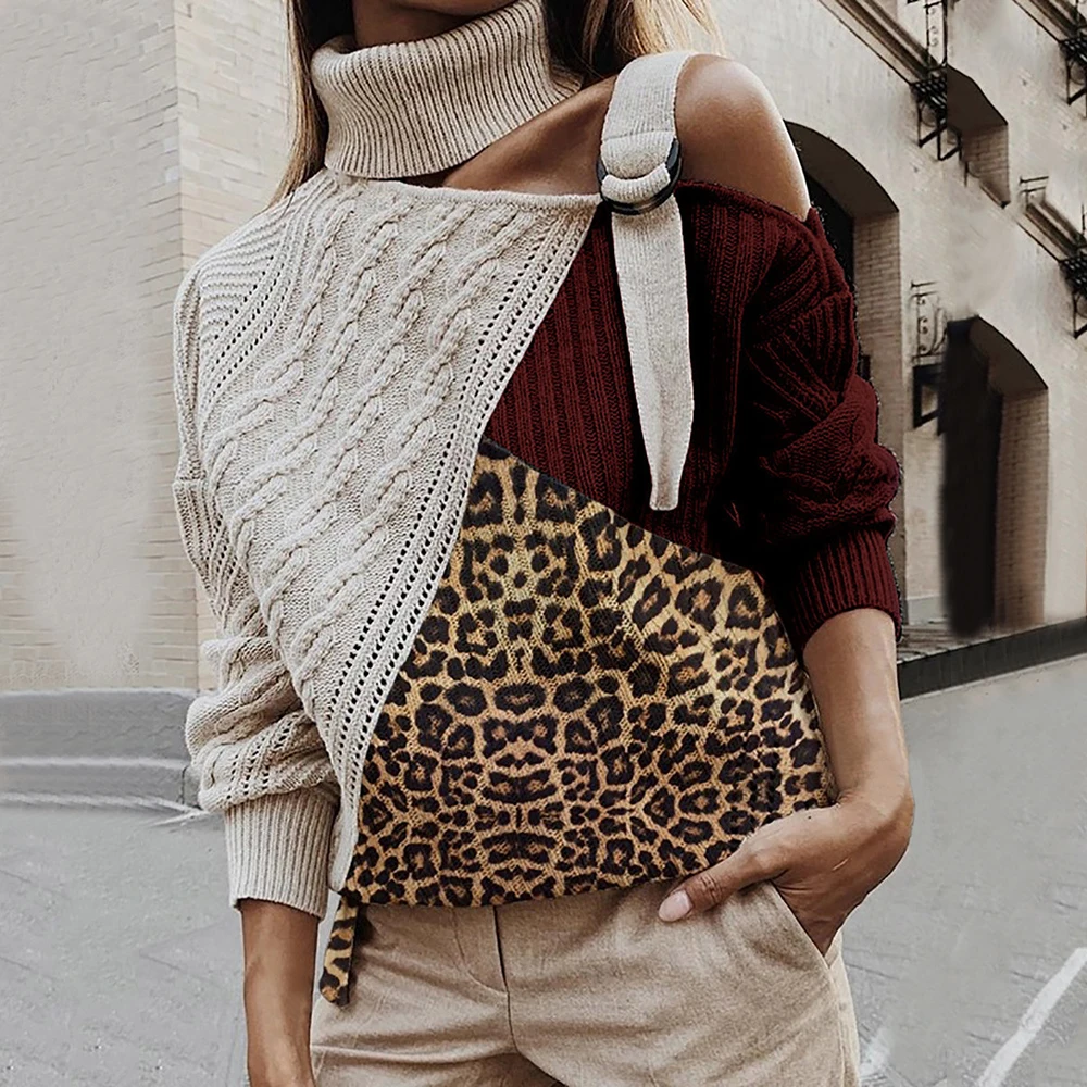 Леопардовая водолазка свитер для женщин из кусков сексуальный с открытыми