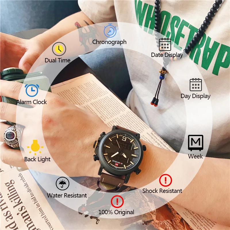 NAVIFORCE LED цифровые спортивные мужские часы водонепроницаемые роскошные кожаные