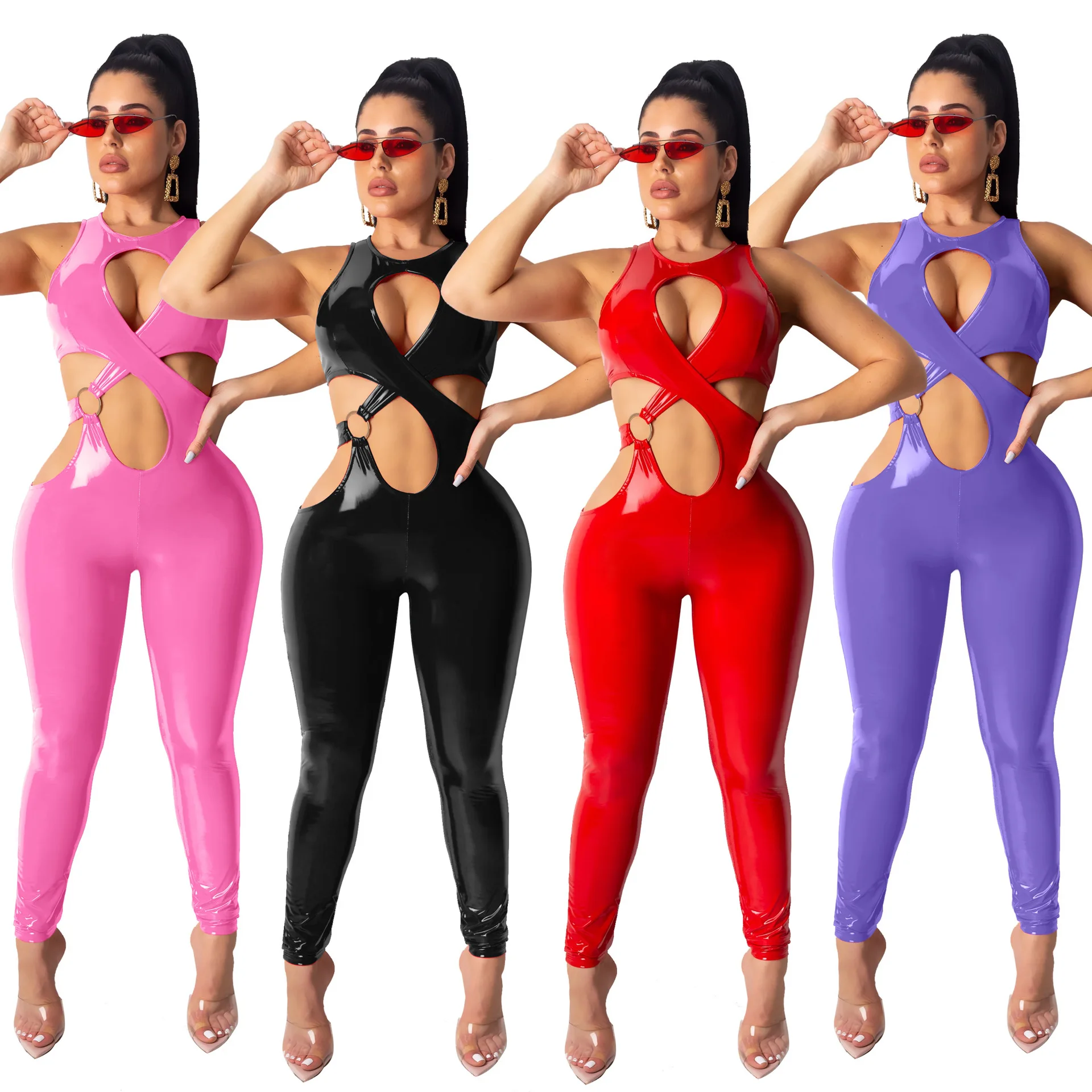 

Thicken PU Leather Jumpsuit Sexy Cross Vest Sleeveless Hollow Out Bandage Rompers Fall Solid Color One Piece Night Club Outfits