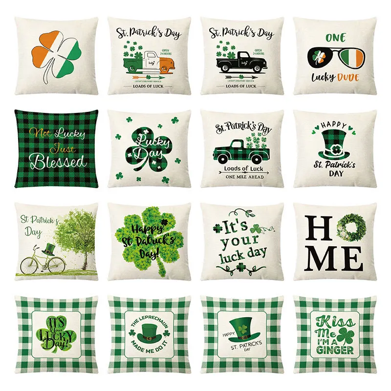 

St. Patrick's Day Cushion Cover Green Pillow Cover National Day Four-leaf Clover Pillowcase Buffalo Check Farmhouse Home Decor