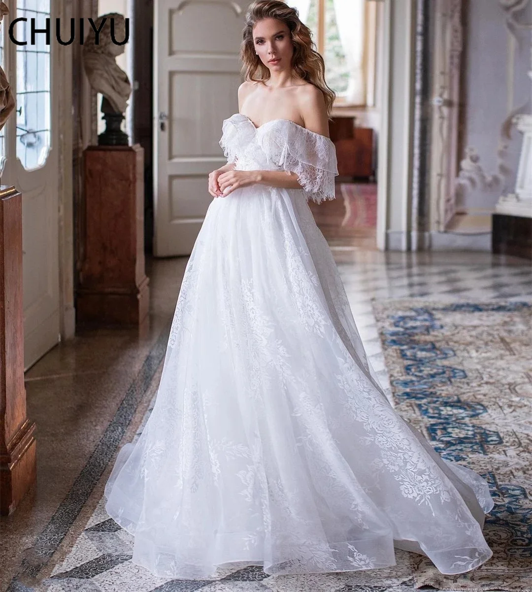 

Женское кружевное свадебное платье HERBURNL, простое ТРАПЕЦИЕВИДНОЕ ПЛАТЬЕ с открытыми плечами, в пол, с коротким рукавом, для вечевечерние