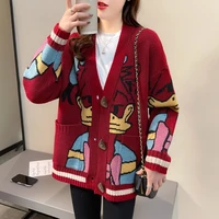 print cardigan knitted sweater women 2021 single button spring autumn casual coat sweaters pocket jumper fashion clothing h110