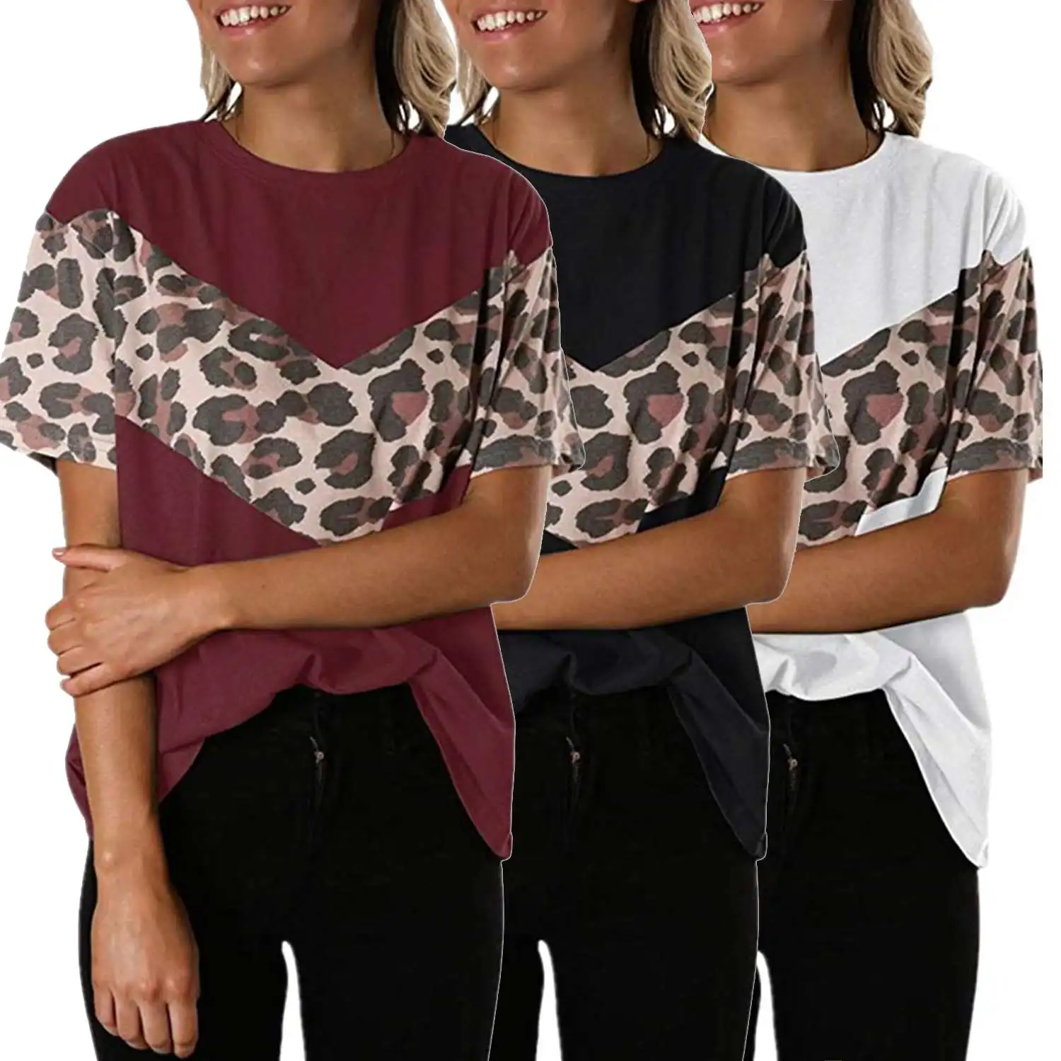 

Women's Leopard Printed Printed Top Round Neck Pullover Short Sleeve T-Shirt