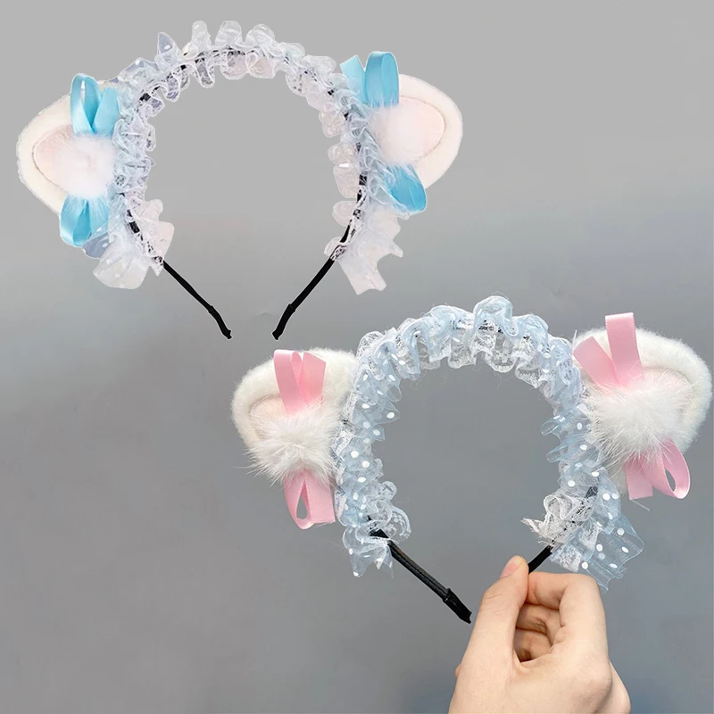 Повязка на голову с кошачьими ушками Милая Кружевная лента бантом обруч для