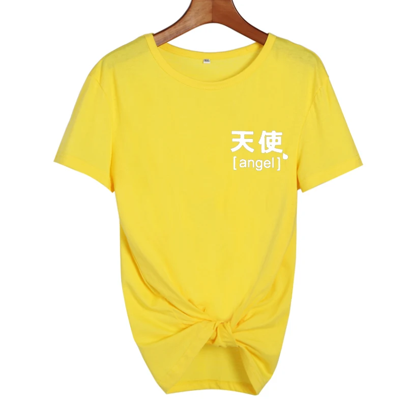 yellow-white Японские знаки ангела футболка Tumblr вдохновленная Пастельная бледная гранж Эстетическая футболка Femme панк Харадзюку женские топы - Цвет: yellow-white