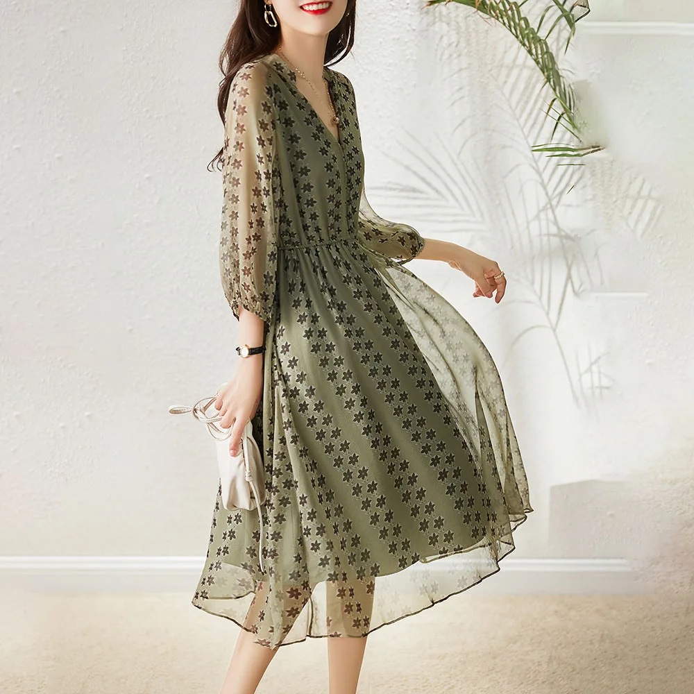 

Dress 2020 Autumn A-Line New Women's Casual Three-Quarter Sleeve V-neck Office Dress Green Female Elegant Casual Party Dresses