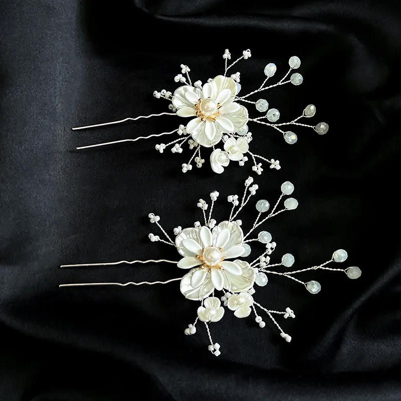 

White Floral Hair Pins Bridal Tiaras Porcelain Flower Wedding Headpiece Handmade Women Hair Accessories Pearls Jewelry 2021 New