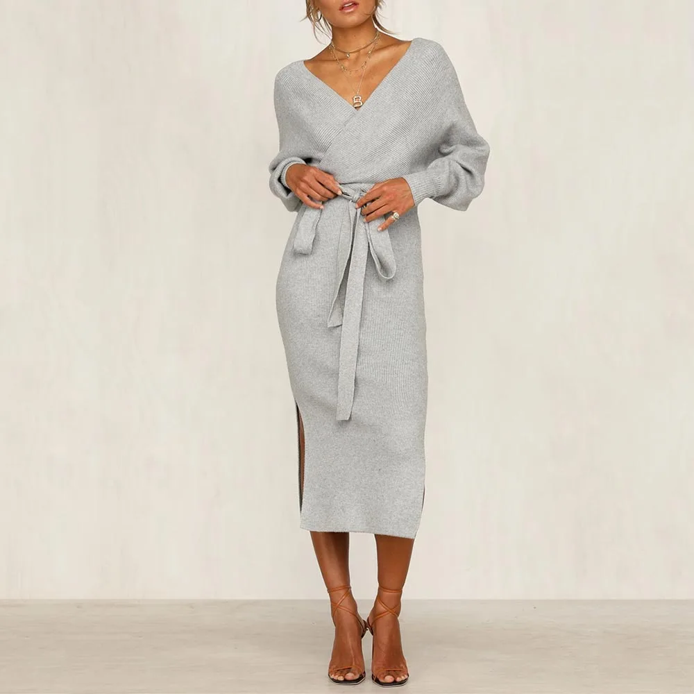 Элегантное трикотажное платье-свитер женское осеннее сексуальное платье с