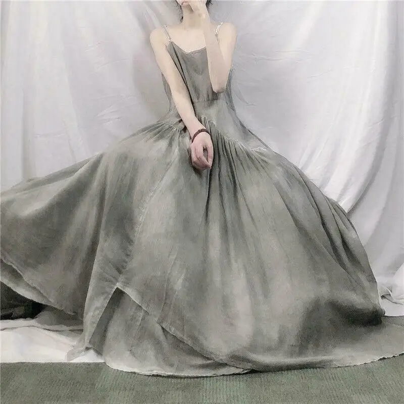 

Women Gown Long Cotton Linen Camisole Dress Layers Big Hemline Maxi Slip Dresses