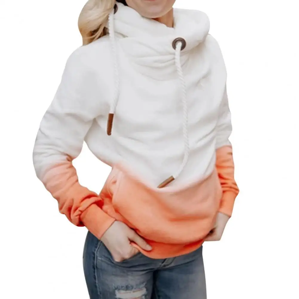 

Autumn Winter Turtleneck Pullover Sweatshirt Streetwear Long Sleeve Front Pocket Hoodie Gradient Color Drawstring Female Clothes
