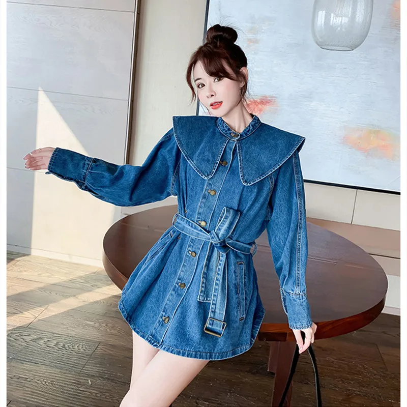 

2021 Autumn Loose Korean Shirt New Sweet Doll Collar Denim Jacket Mid-length Belt Waist College Style Female Jacket