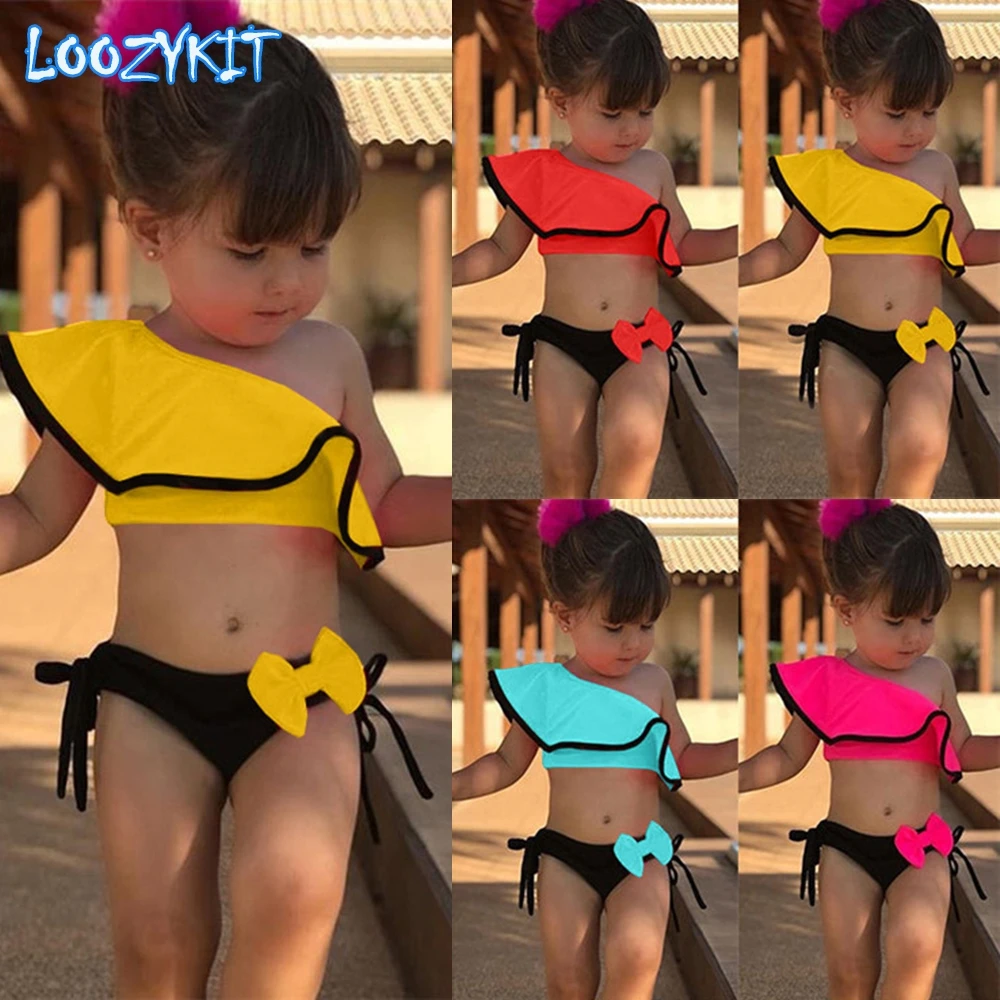 

2021 Summer Baby Kids Girl Two Piece Swimsuit Child Swimwear Ruffles Bow Water Sports Bikini Shoulder Beach Wear