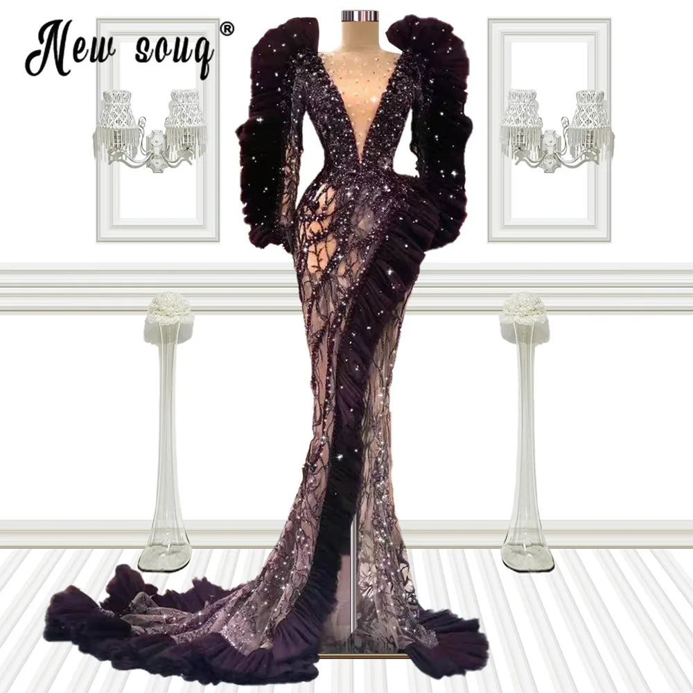 

Asymmetrical Mermaid Prom Dresses For Black Girls Luxury Major Pearls Feather Puffy Ruffles Sleeves Plus Size Evening Dress