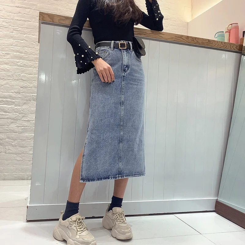 Long Denim Skirt Women Street Wear High Waist Jeans With Belt Straight A-line Pencil Elegant Summer 2020 Hot Sale | Женская одежда