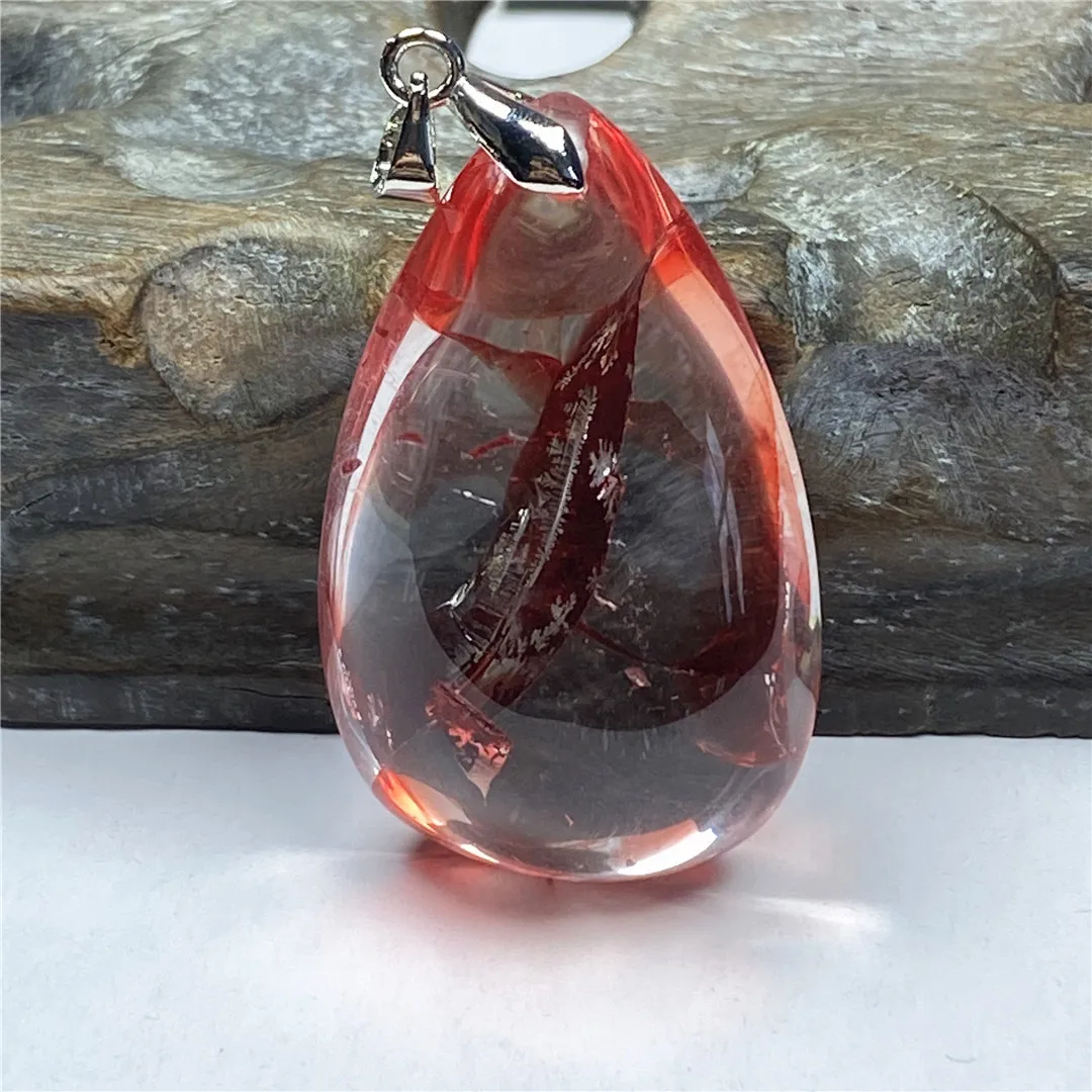 

Natural Red Limonite Phantom Quartz Pendant For Women Men Healing Luck 37x23x15mm Beads Clear Crystal Silver Rare Gemstone AAAAA