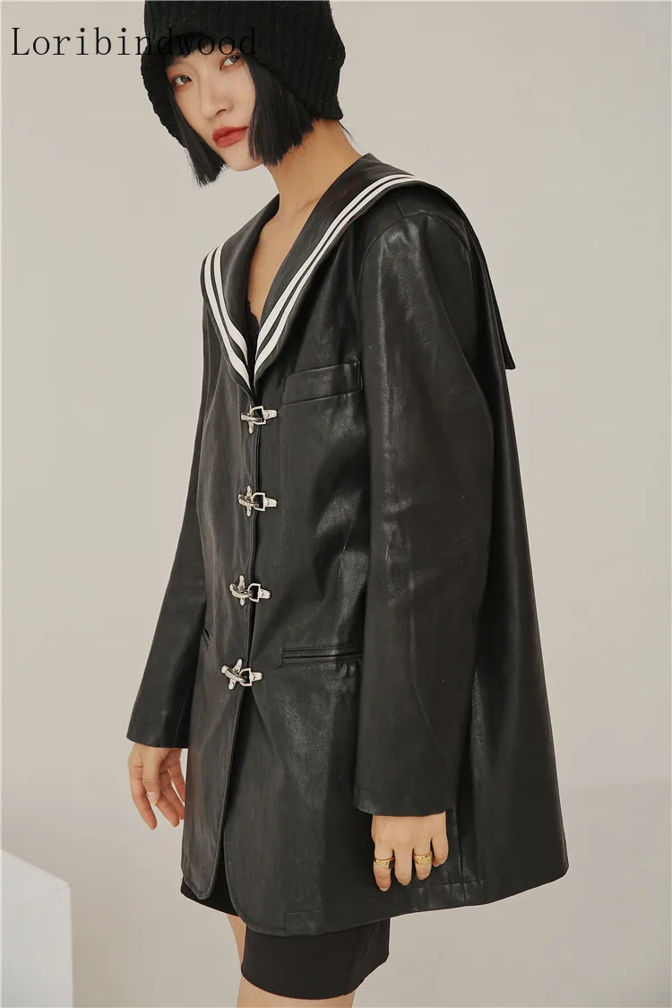 

Vintage Black Leather Jacket Sailor Collar Metal Button Up Faux Leather Coats Designer Jacket Fall 2020 Women Clothing