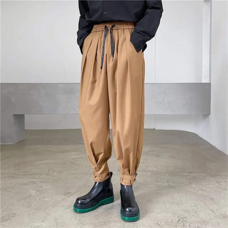 

2021 Men's Loose Straight Pants Cropped Baggy Casual Pants Elastic Waist Streetwear Trousers Khaki/black Color Trousers M-XL