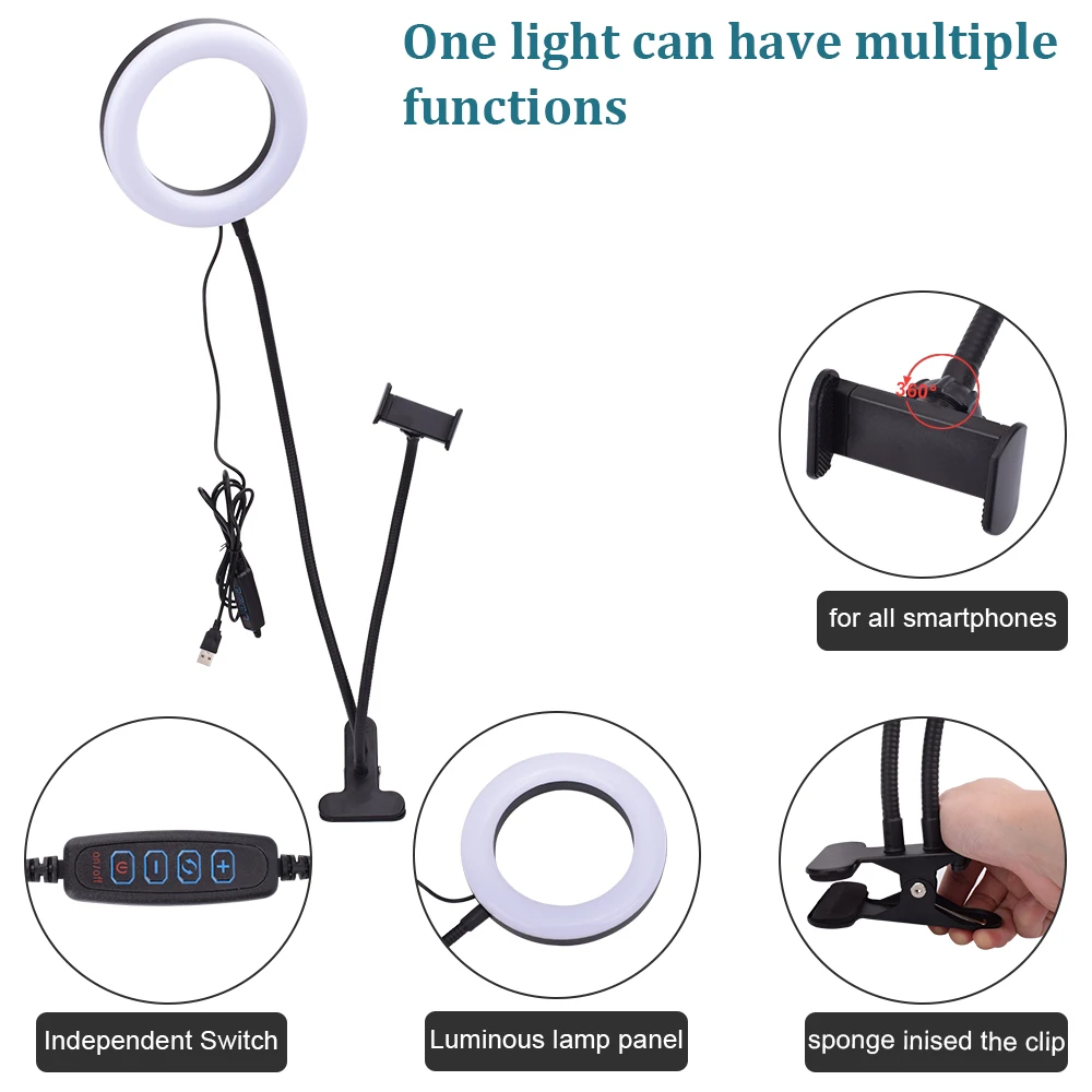 

6 inch Selfie Ring Light With Long Arm Lazy Mobile Phone Holder Bracket Photography ringlight LED Light For Youtube Live Stream