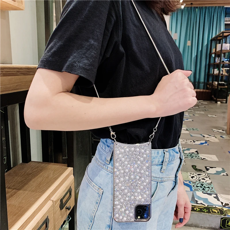 Роскошный блестящий полностью жемчужный чехол для телефона с цепочкой через