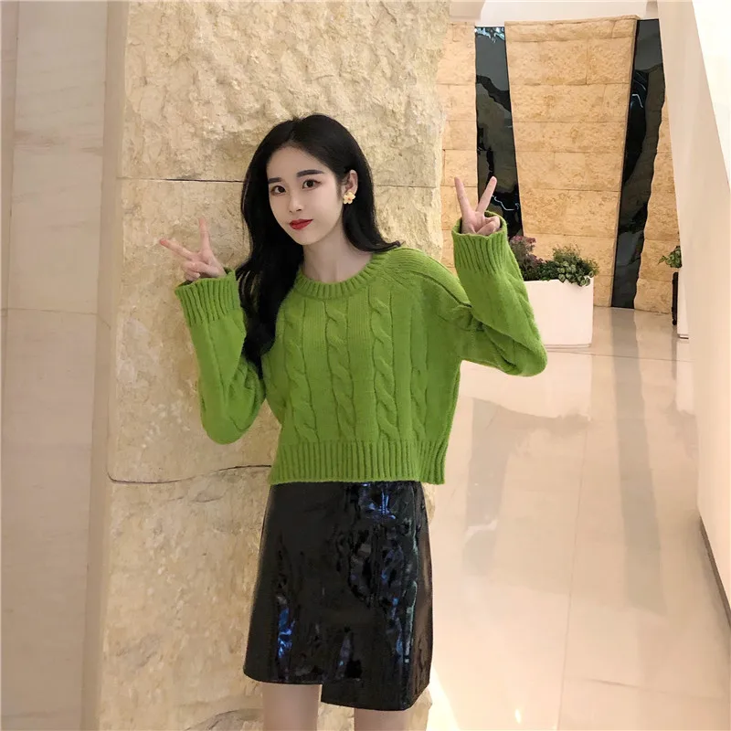 Autumn Winter New Women's Short Pullovers Sweater Twist Knitting Full Sleeve Solid Fashion Vintage Casual Tops T98506D
