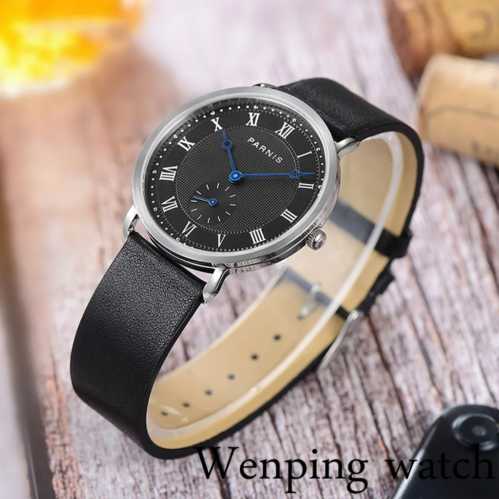 

New 2021 Parnis 40mm Top Black Dial Silver Case Quartz Men's Watch Waterproof 20mm Leather Strap Wristwatches Clock