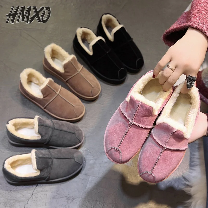 

Корейские зимние женские ботинки HMXO, короткие ботинки, бархатные женские ботинки, сохраняющие тепло, повседневная обувь с педалью, ленивые ...