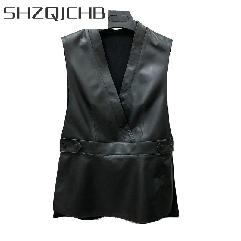 

JCHB 2021 New Design V Neck 100% Real Leather Vest Top Women Slim Fit Genuine Leather Sleeveless Jacket Ladies Casual Waistcoat