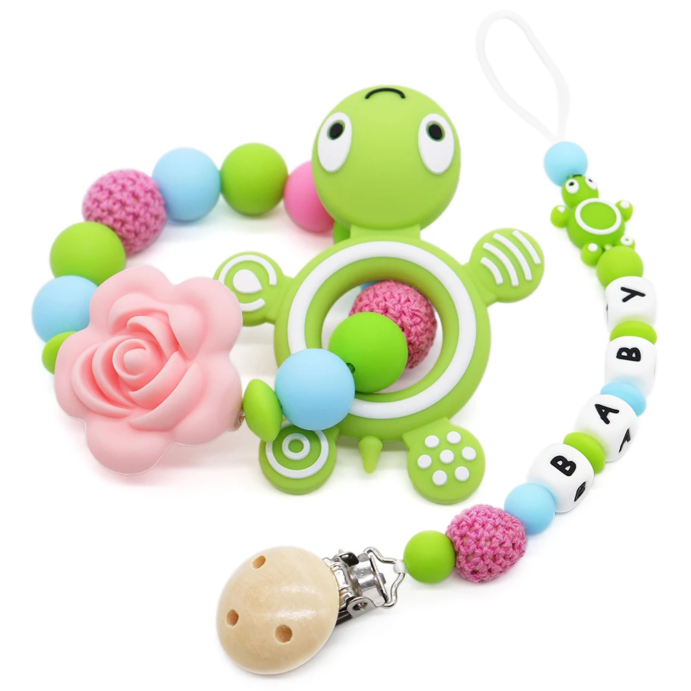 

Green Turtle Shape Teether Teething & Pacifier Clip Pacifier Holder For Baby Chewable Toys For BPA Free Food Grade Silicone