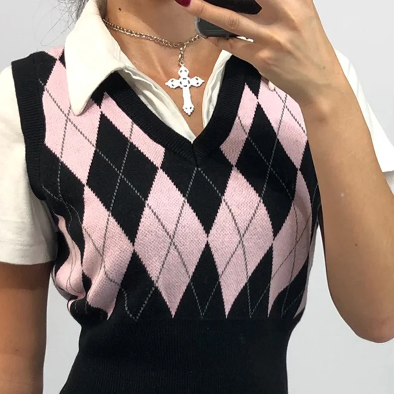 

Vintage Crop Top Argyle Sweater Vest V Neck Sleeveless Tank Jumper Preppy Style Plaid Knitted Pullover Autumn Winter Clothes