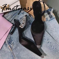 stiletto heels women 2021 pumps spring summer sexy silk satin pointed toe buckle strap rhinestone crystal high heels cover