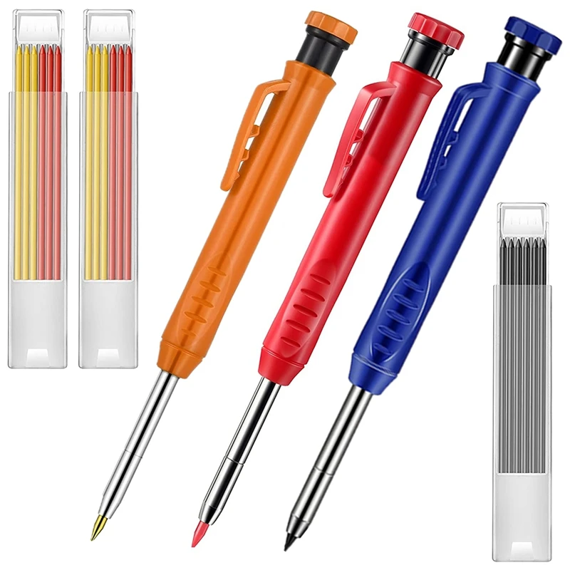 

3 Solid Color Woodworking Pencils,Long Nostril Automatic Pencil Marking Tool, With Built-in Sharpener,For Woodworking