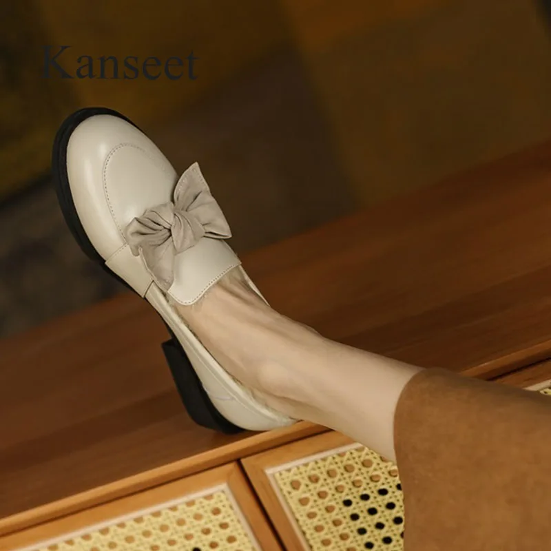 

Kanseet Warm Fur Winter Shoes 2021 New Women's Pumps Round Toe Butterfly-Knot Cow Leather Handmade Mid Heels Ladies Footwear 40