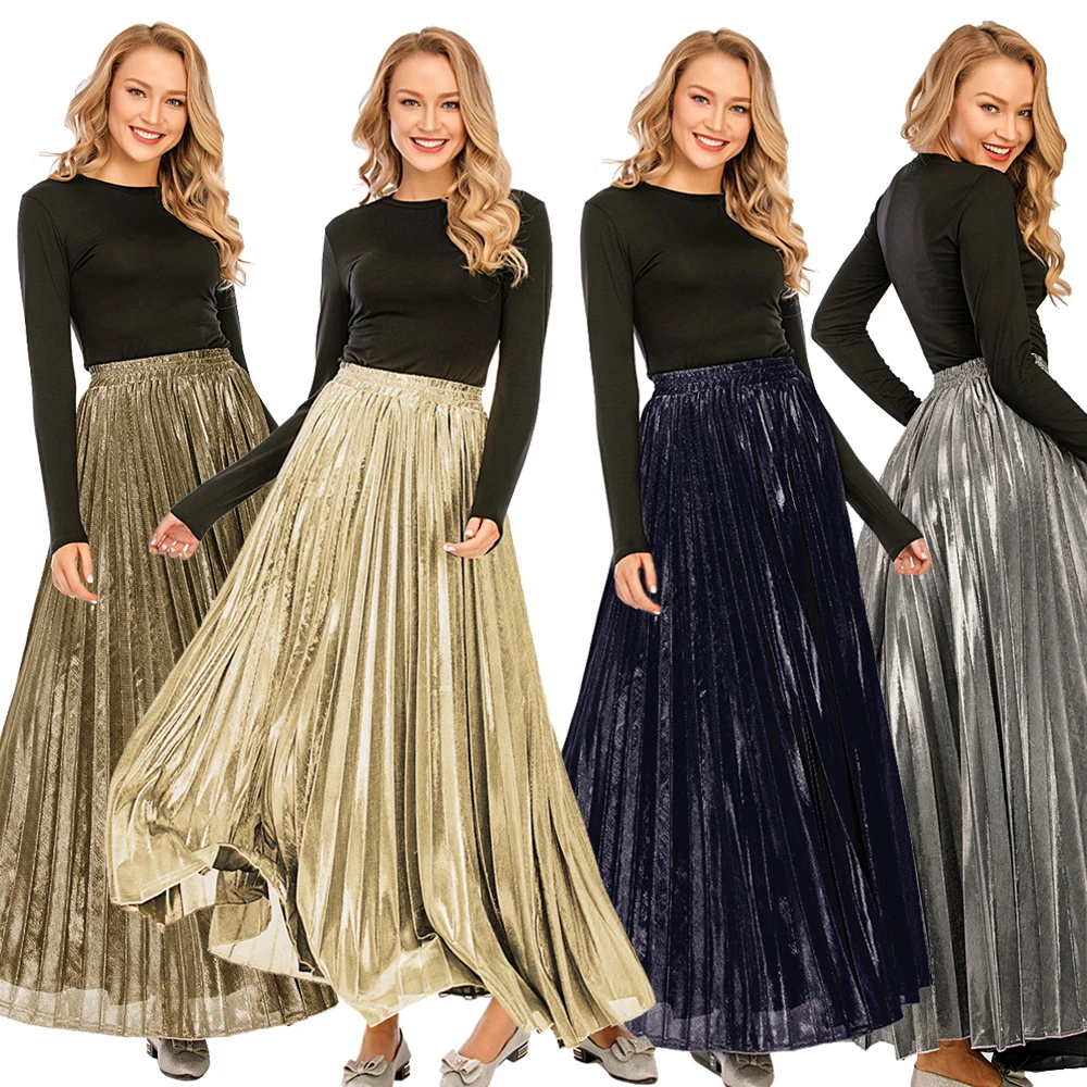 

Spring Summer 2020 New Women Long Metallic Silver Maxi Pleated Skirt Midi Skirt High Waist Elascity Casual Party Skirt Vintage