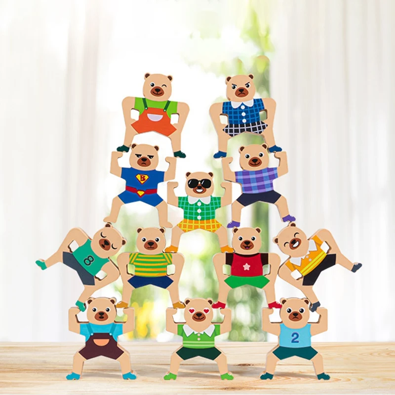 

Wooden Counting Bears Interlock Toys Balance Stacking High Building Blocks Games Toddlers Kids Educational Toys (12Pc)