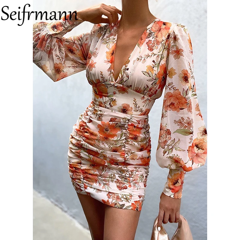 

Женское модельное платье-карандаш Seifrmann, элегантное короткое платье с рукавами-фонариками, высокой талией и цветочным принтом, осень 2021