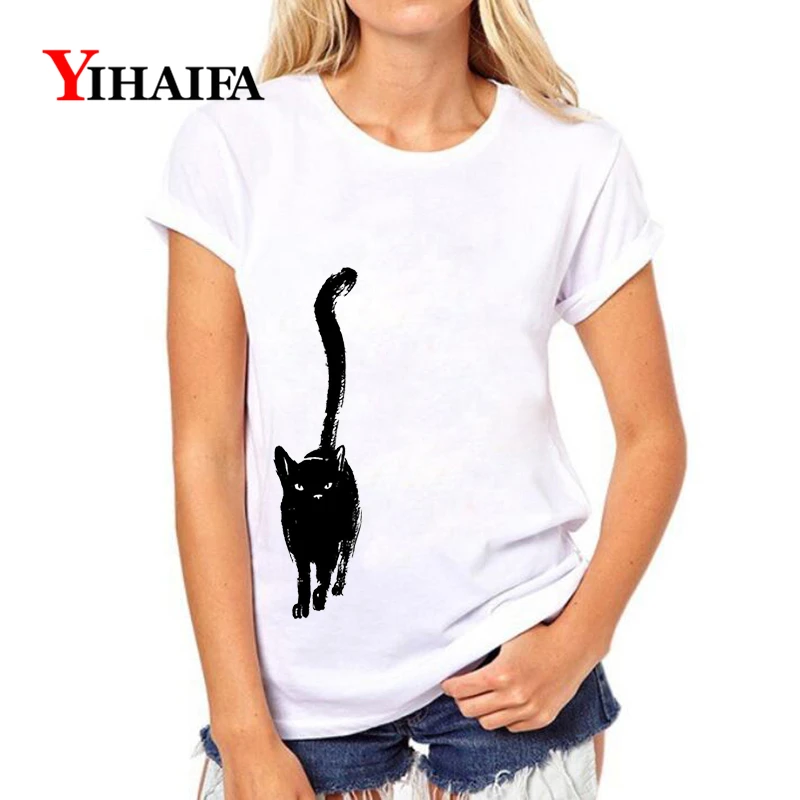 YIHAIFA Новая Летняя женская футболка с принтом черного кота и графикой хипстер