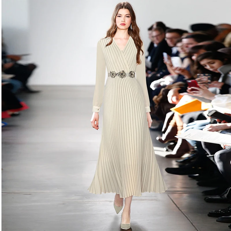 

2021 spring women beige long dresses 3D flower women pleated blue dresses women runway XXL dress