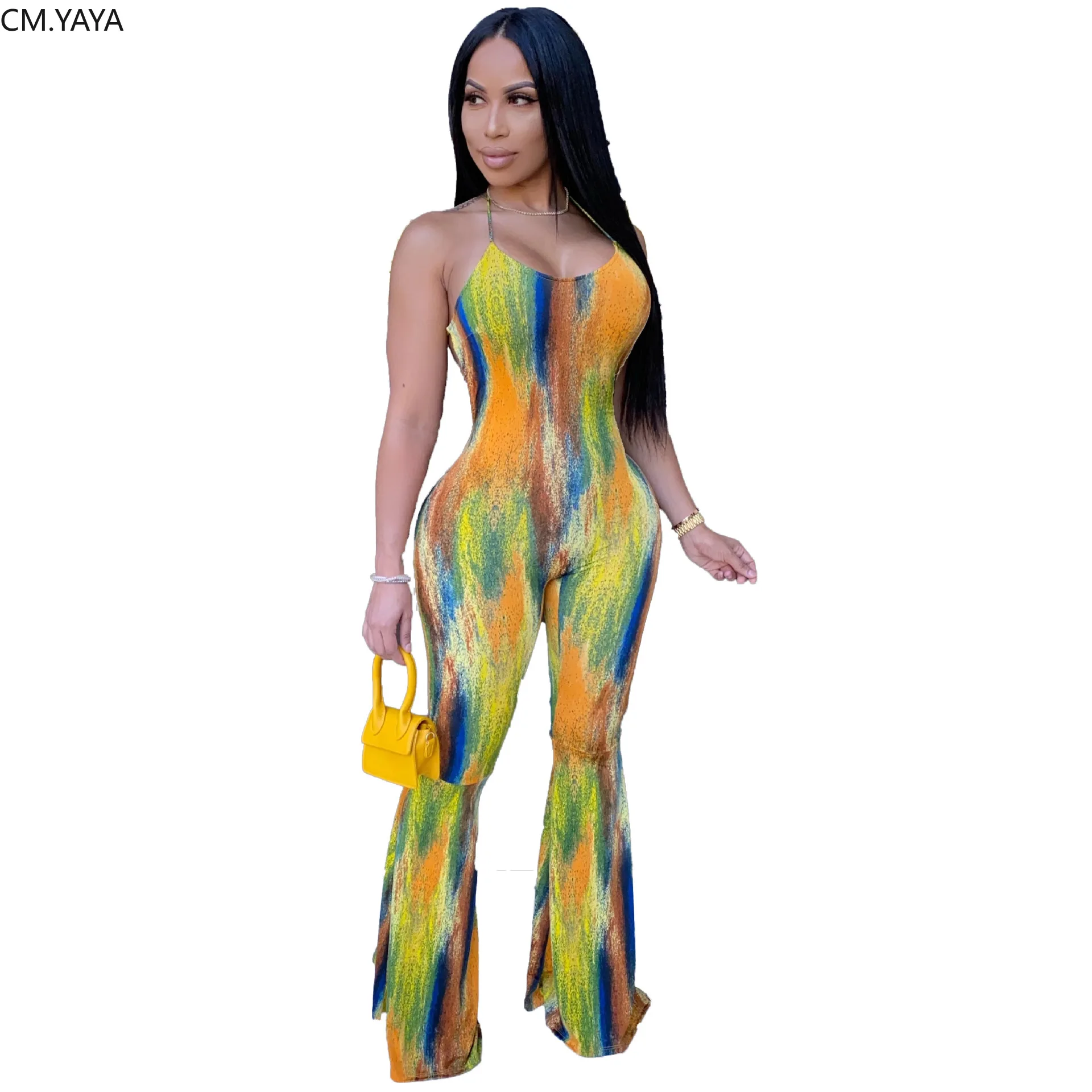 Женский комбинезон без рукавов CM.YAYA с лямкой на шее открытой спиной и принтом