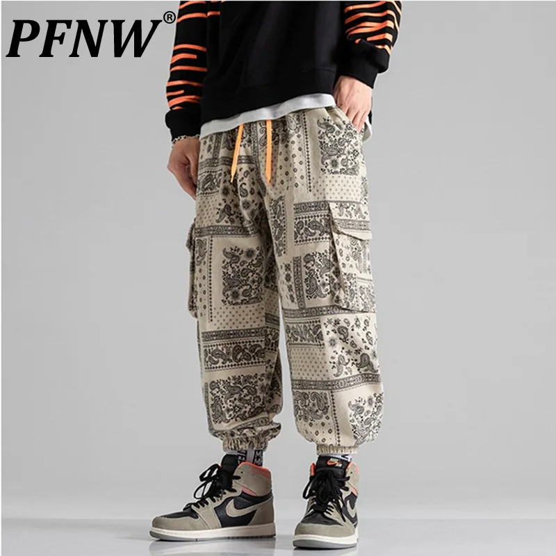 

Мужские брюки-карго большого размера PFNW, с принтом кешью и цветами, с большими карманами, на завязках, Осень-зима 2021