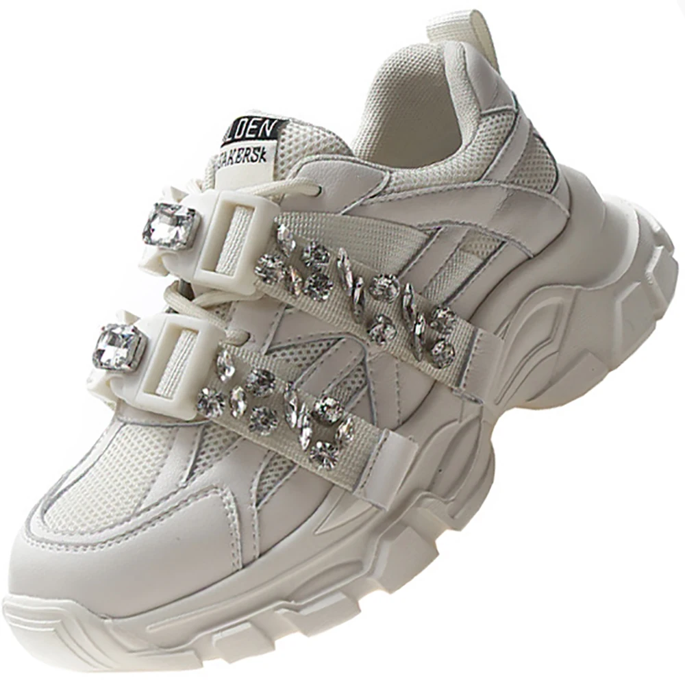 

Women Split Leather Sneakers For Female Mesh Breathable Sports Shoes Ladies Platform Crystal Buckle Design Running Girls Outdoor