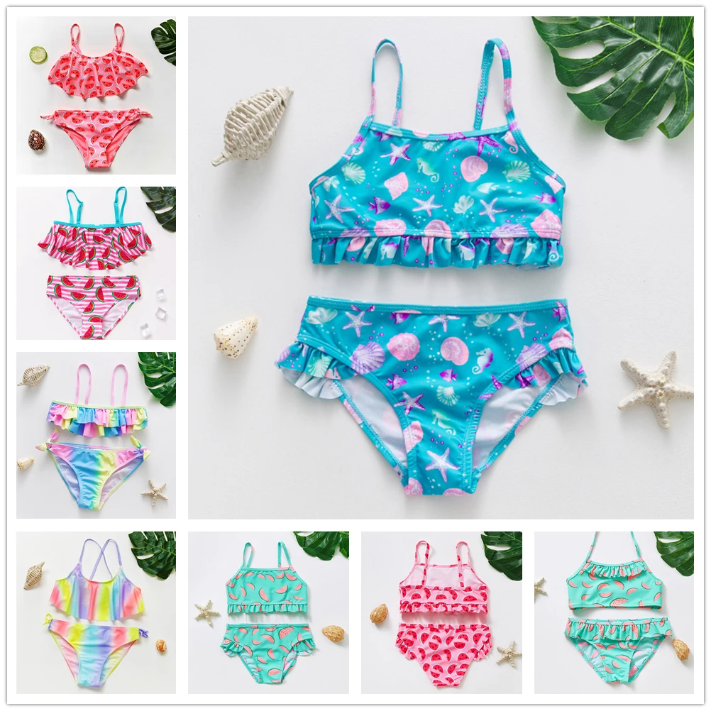

2~16Year Teenager Girls Swimwear Two pieces Girls swimsuit High quality Kids Bikini sets Falbala Children Beach wear-1084mix