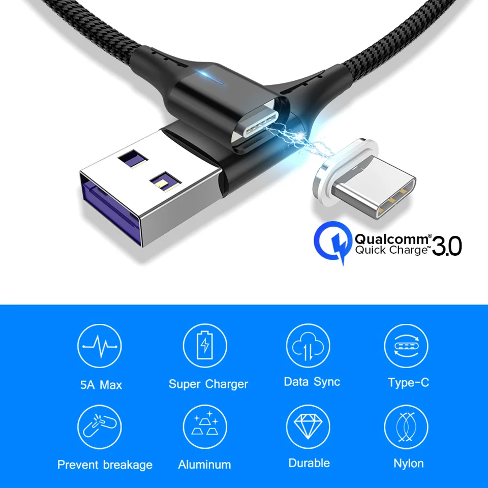 Venroii Магнитный кабель usb type C провод для быстрой зарядки для huawei P30 P20 Pro 5A SuperCharge Quick Charge 3,0 USBC магнит зарядное устройство