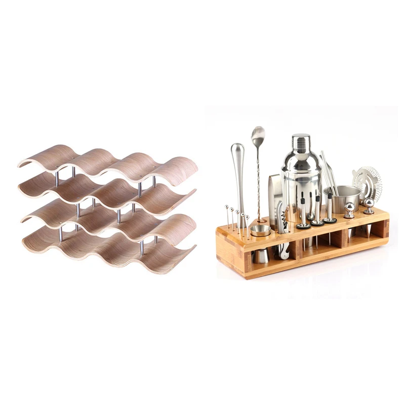 

Promotion! 1x Wooden Wave Wine Rack(4 Layers 42.5X15.5X24cm) & 23x Stainless Steel Cocktail Shaker Set Barware Kit with Square R