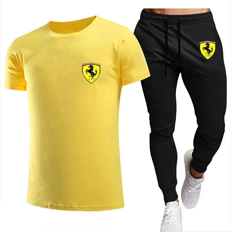 

Men's suit fashion brand printed cotton sports casual shirt + trousers men's summer round neck men's casual street + fashion loo