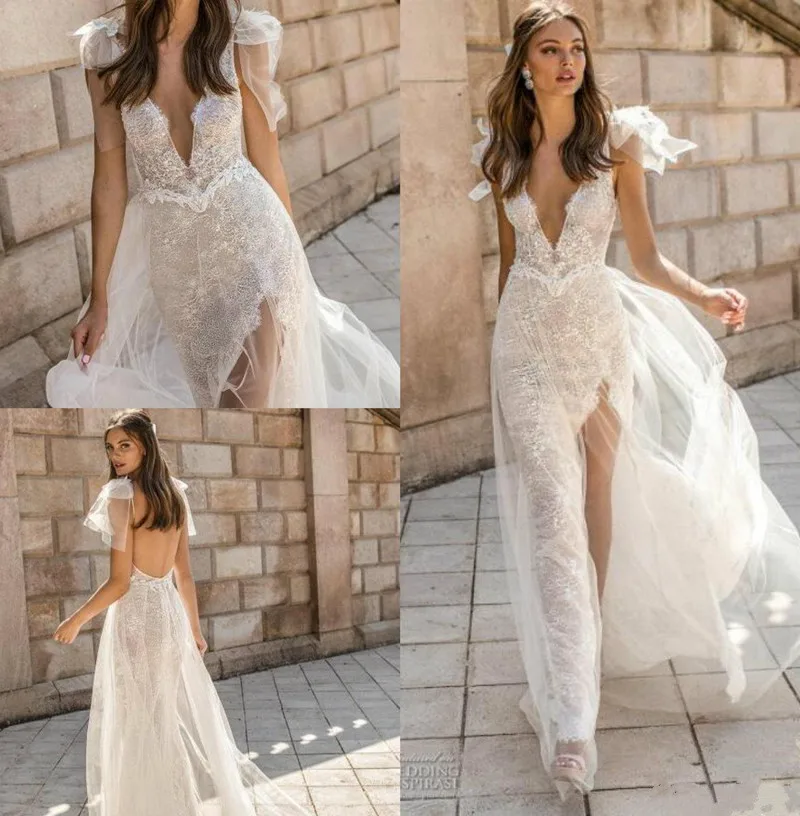 

Muse by Berta 2019 Wedding Dresses V Neck Lace Backless Mermaid Bridal Gowns High Slit See Through Trumpet Customized Beach