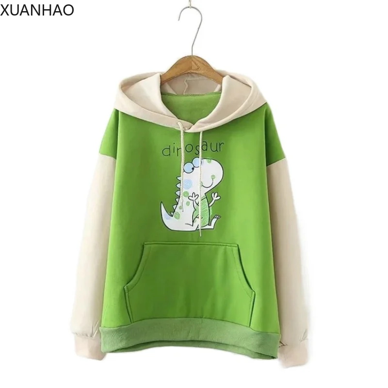 

Harajuku Cartoon Dinosaur Print Pockets Hoodies Sweatshirt Women 2020 Winter Full Sleeve Hooded Pullover Sweet Style Warm Top